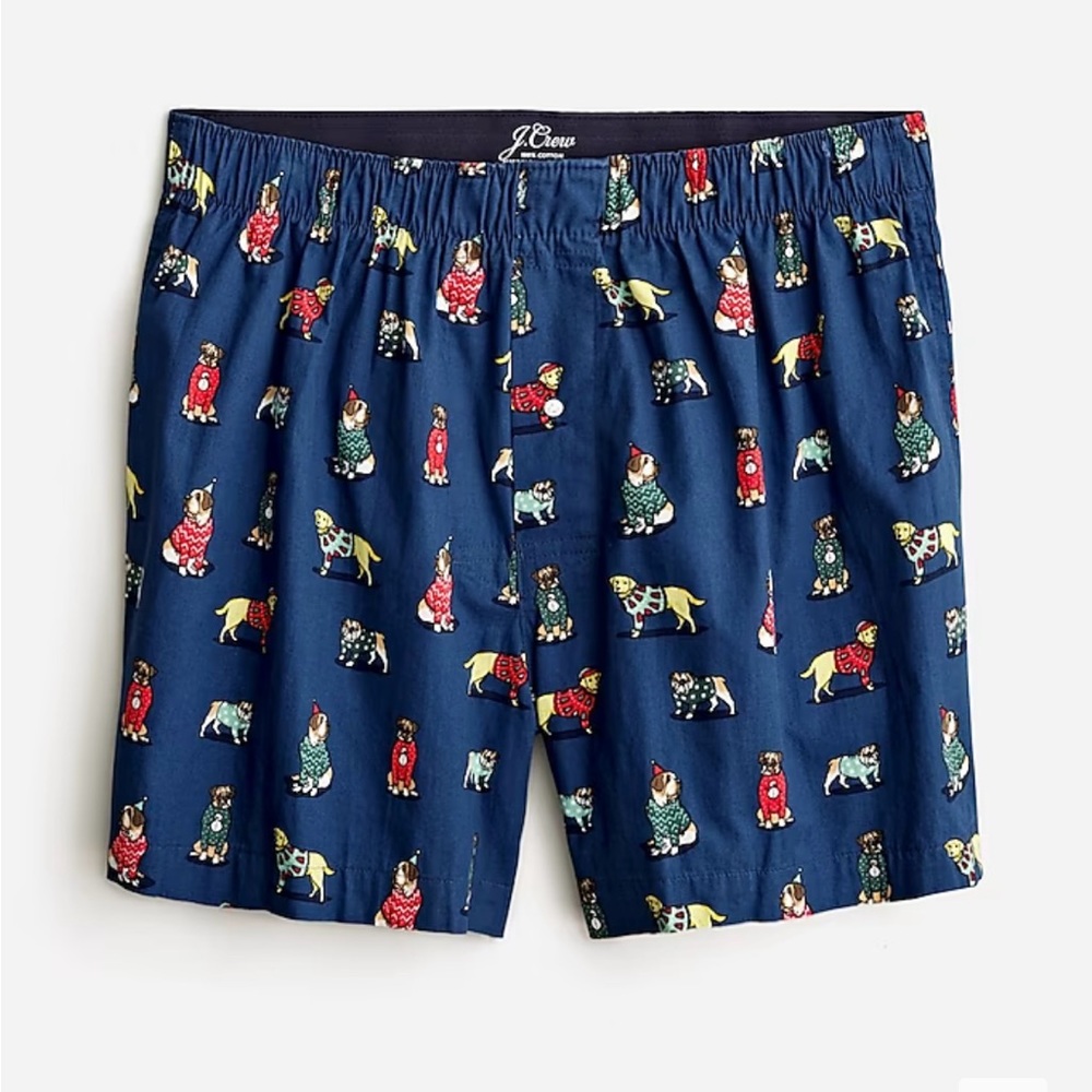NWT J Crew Men’s Cotton Boxers Blue with Dog in Christmas Sweaters Print